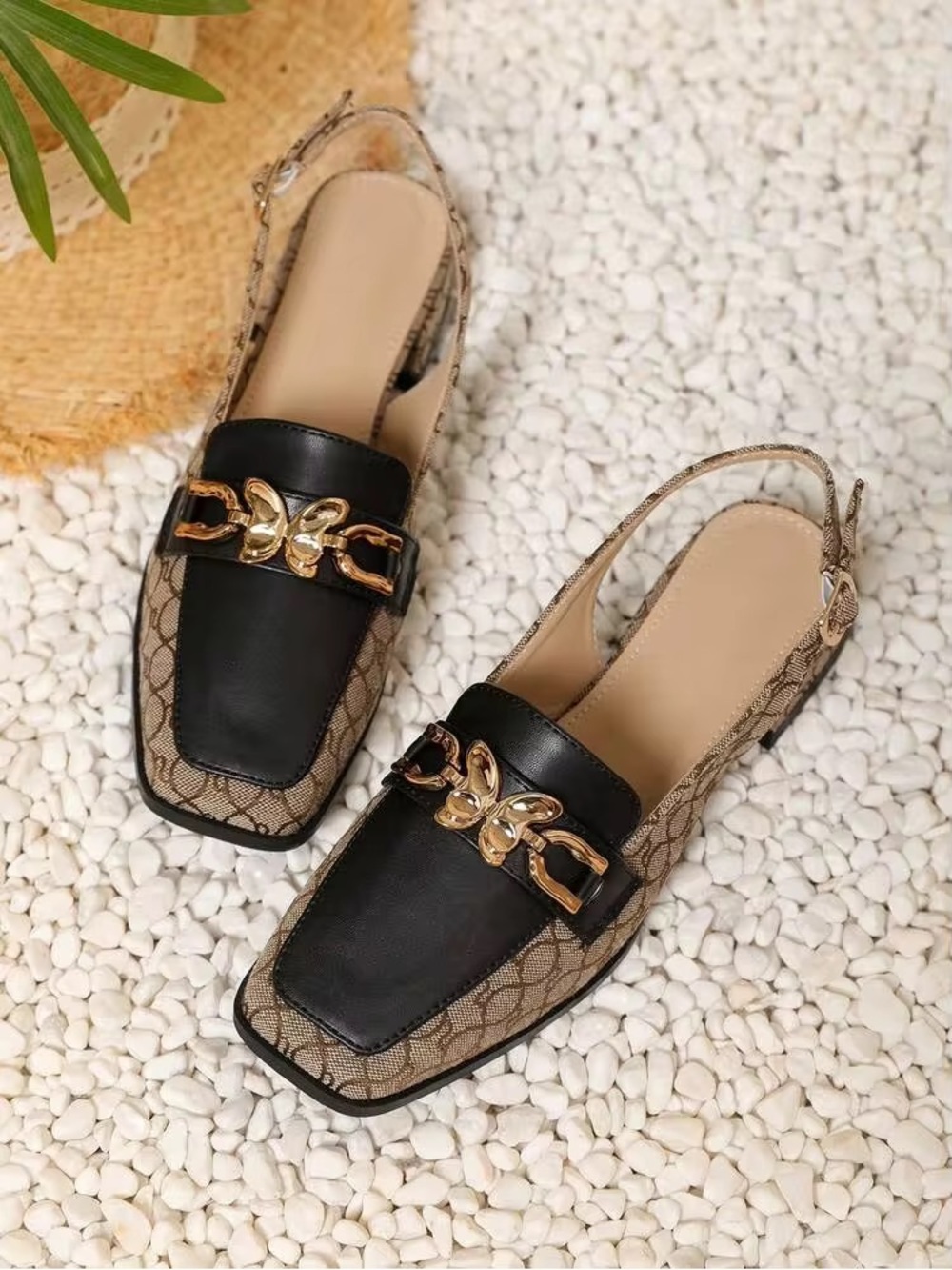 SHEIN Black & Tan Patterned Slingback Mules with Gold Chain